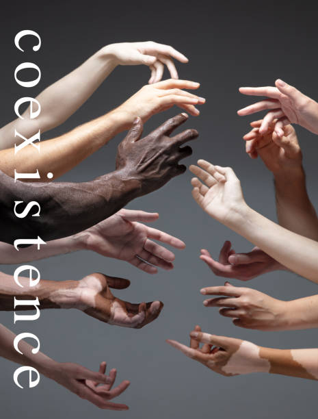 Art, lettering. African and caucasian hands gesturing on gray studio background. Tolerance and equality, unity, support, kindly coexistence together concept. Worldwide multiracial community.